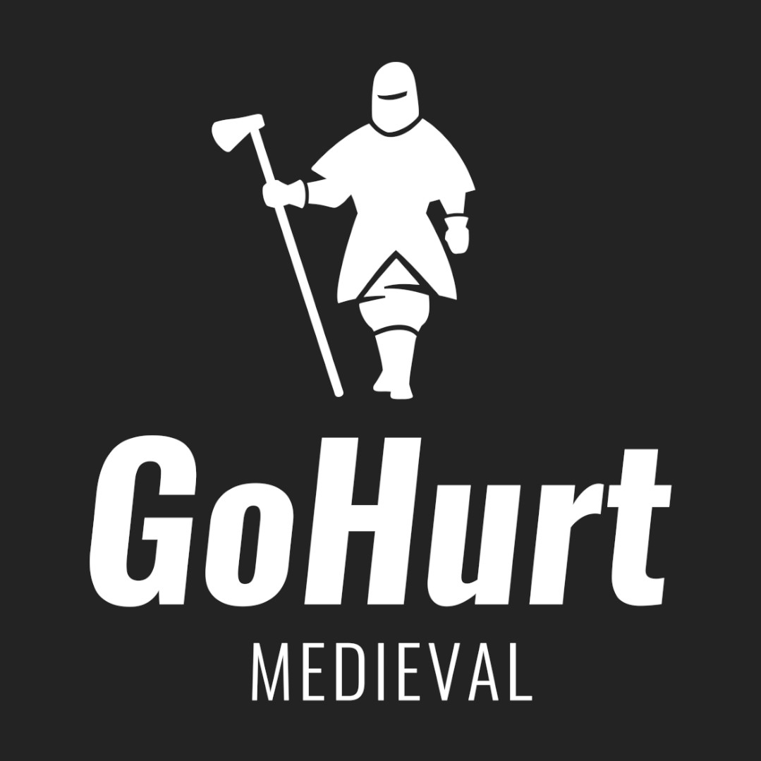 A medieval man holding a battle axe and wearing armor, with the words "GoHurt MEDIEVAL" written below him.