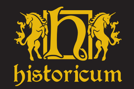 A stylized logo featuring a unicorn on either side of the letter "h" and the word "historicum" in a decorative font, with ...