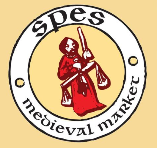 A medieval market logo featuring a red figure in a red robe, holding a scale and a bag, set against a yellow background.